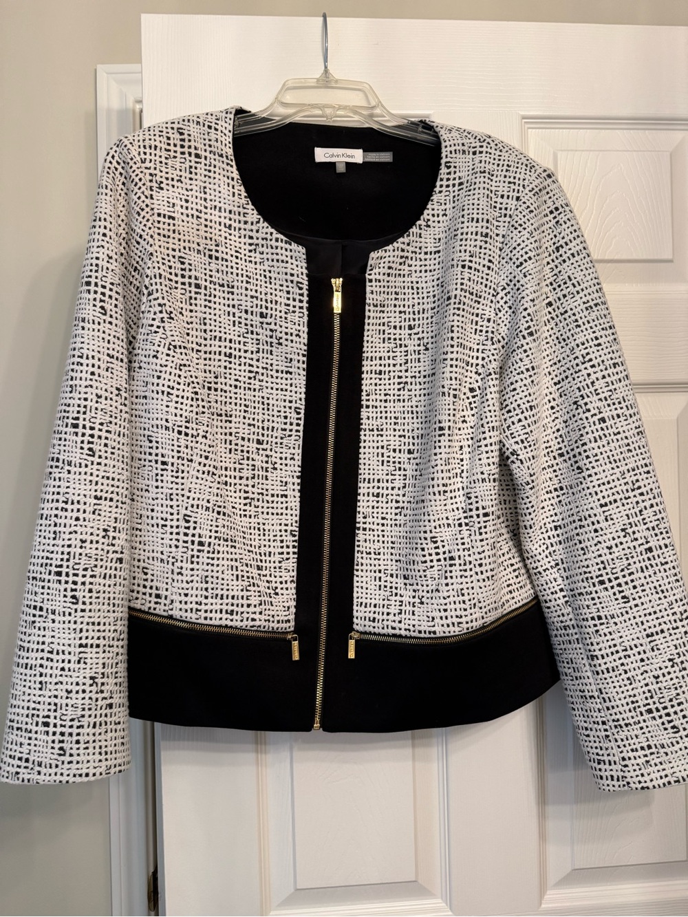 Calvin Klein Black and White Patterned Zip-Front Blazer